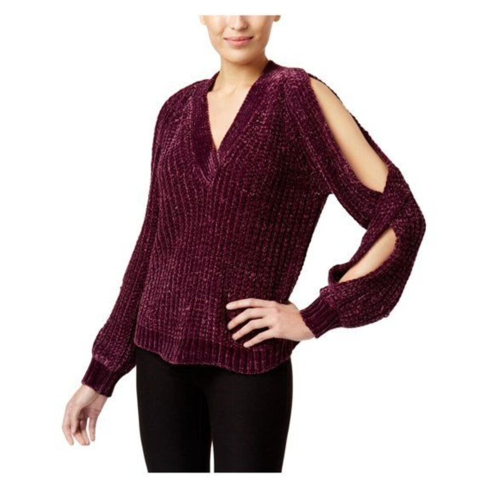 Marled Reunited Twisted Shoulder Chunky Junior’s Sweater, Cabernet, Size L